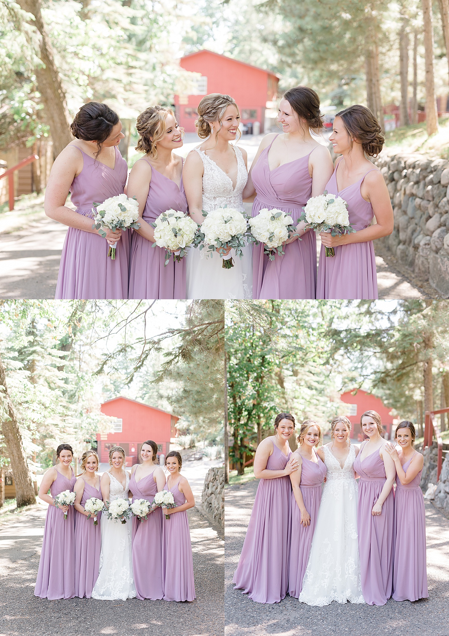 bride and bridesmaids wearing purple dresses holding white rose wedding bouquets