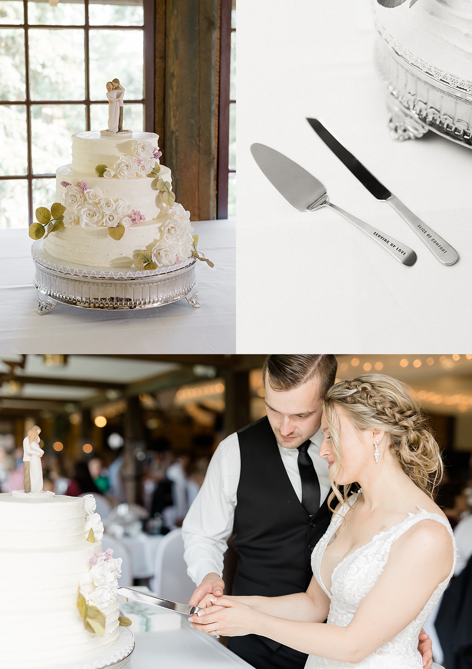bride and groom cutting wedding cake at Fair Hills Resort wedding reception 