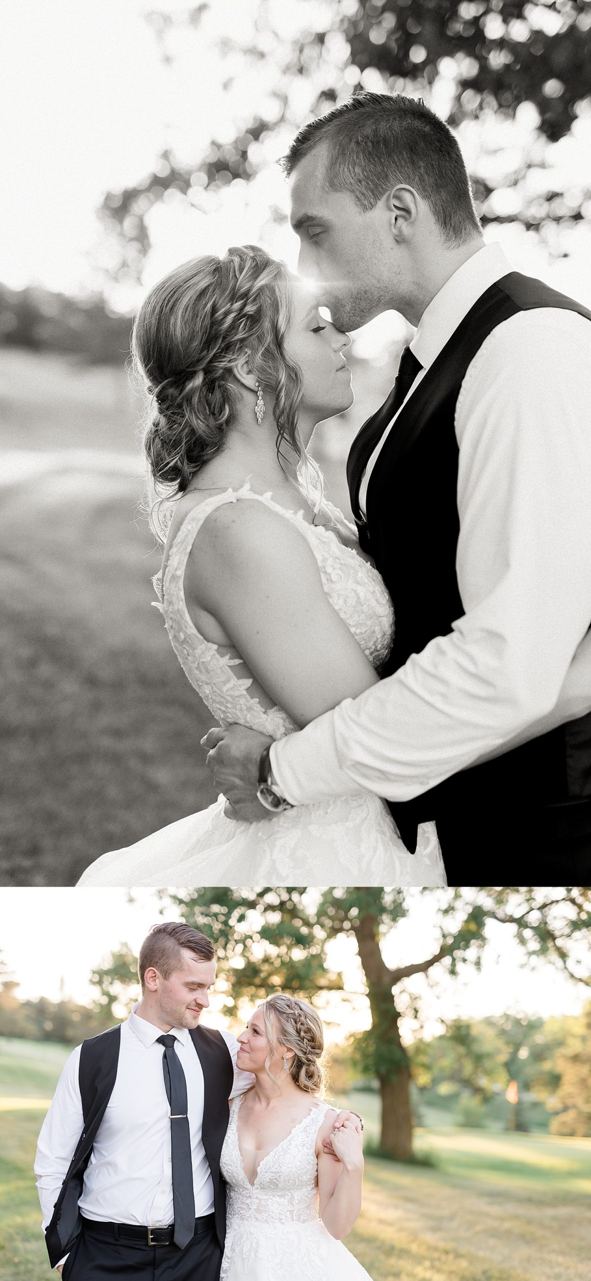 sunset portraits of bride and groom after first dances at Fair Hills Resort