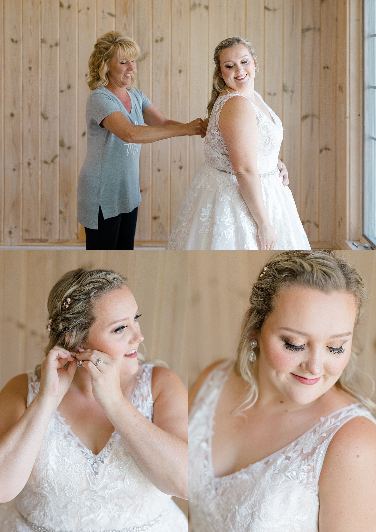 mom of bride helping daughter with final details of wedding day