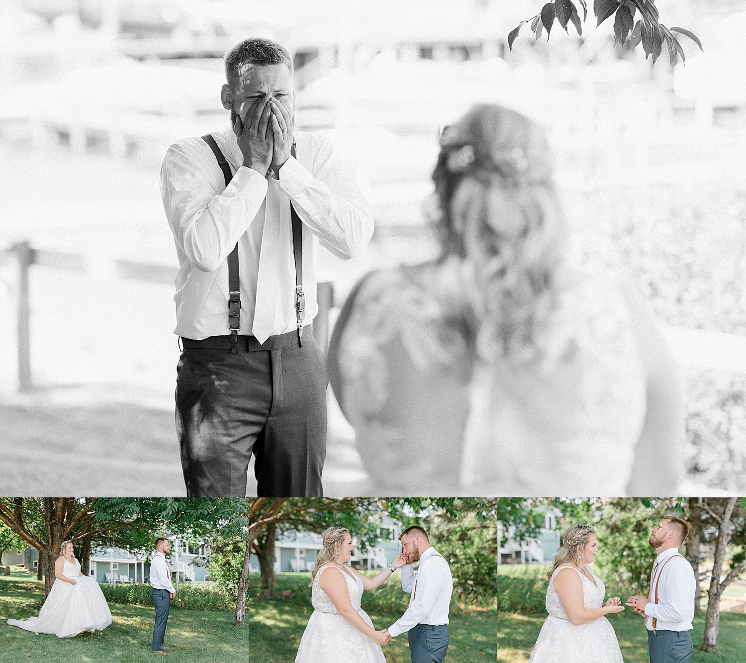 emotional first look with bride and groom at chase on the lake wedding venue 