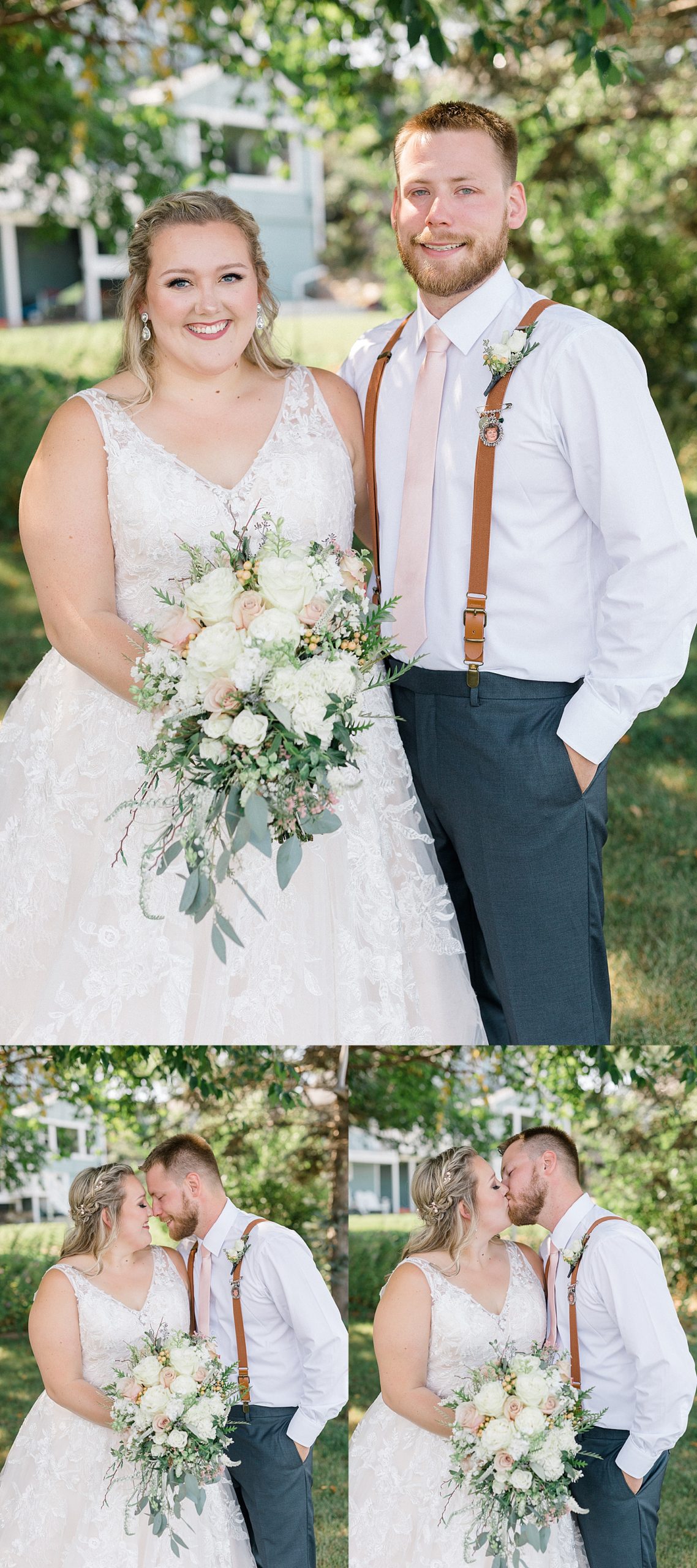 bride and groom after first look holding white rose wedding bouquet 