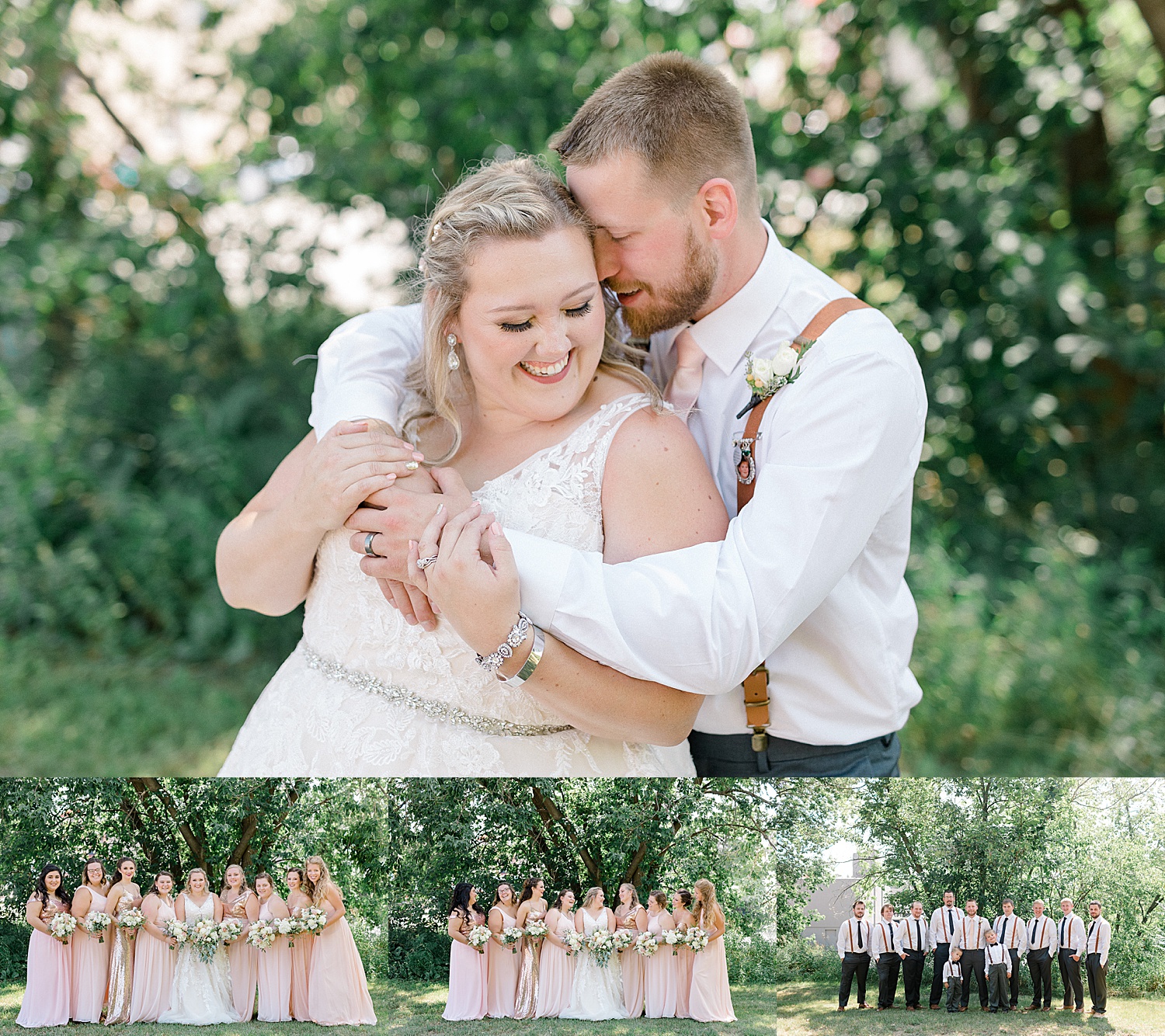 bride and groom with wedding party at chase on the lake wedding venue wearing blush pink accents 