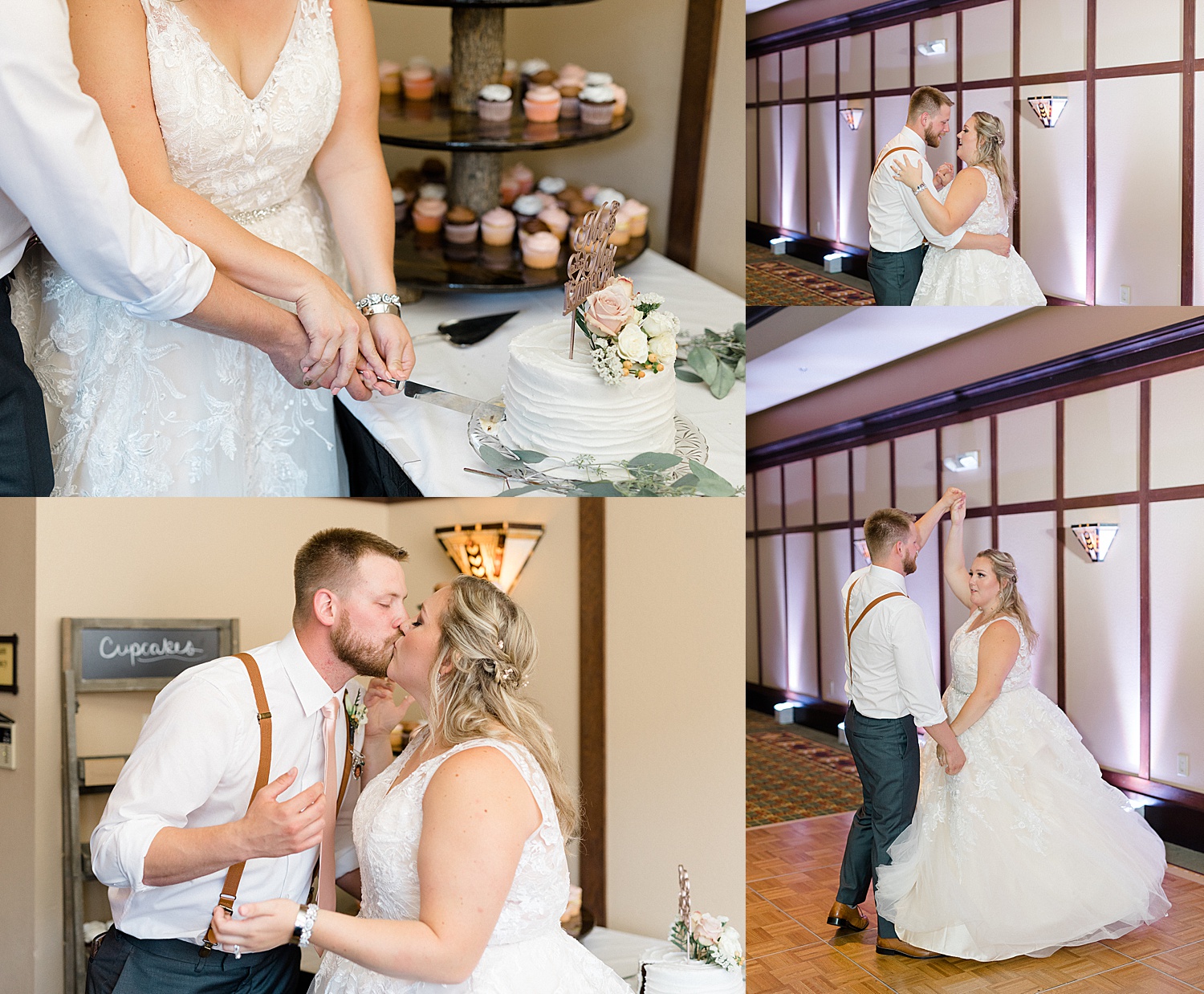 bride and groom cut wedding cake at chase on the lake wedding venue and share first dance