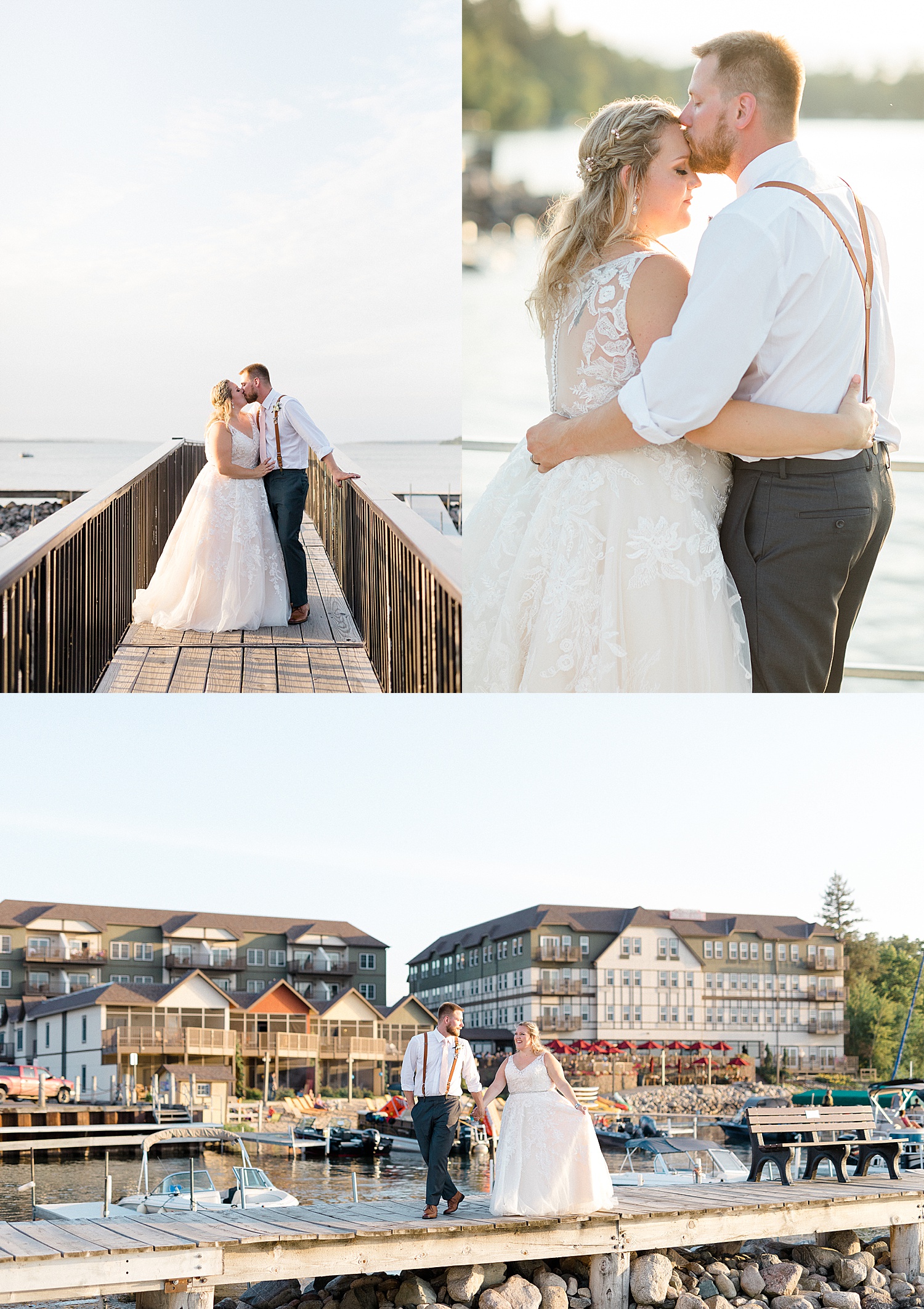 bride and groom portraits on bridge of chase on the lake wedding venue at sunset 