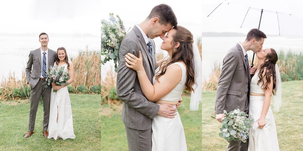 Bride and groom kissing by the water for Minnesota Lakeside Wedding