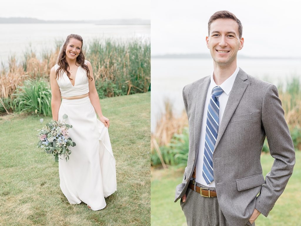 Bride in two piece dress and groom in gray suit by Midwest photographer