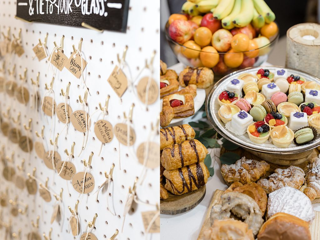 Seating chart on a peg board next to a dessert table by Midwest photographer 