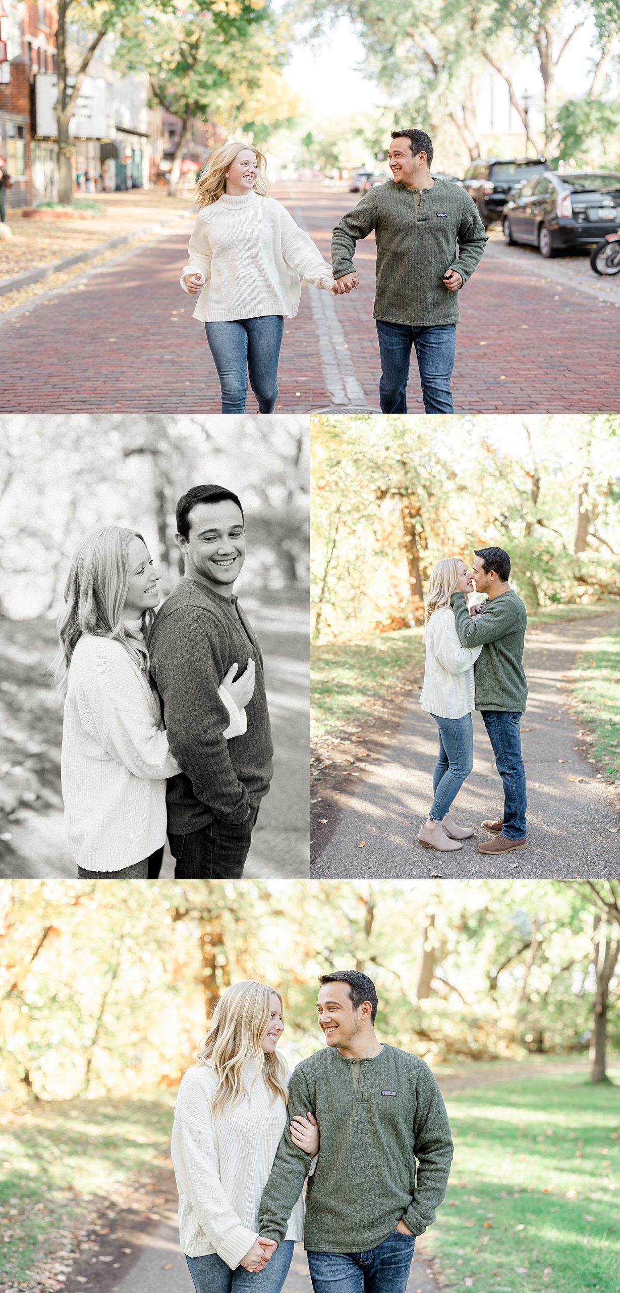 running through the streets during engagement session in Minnesota 