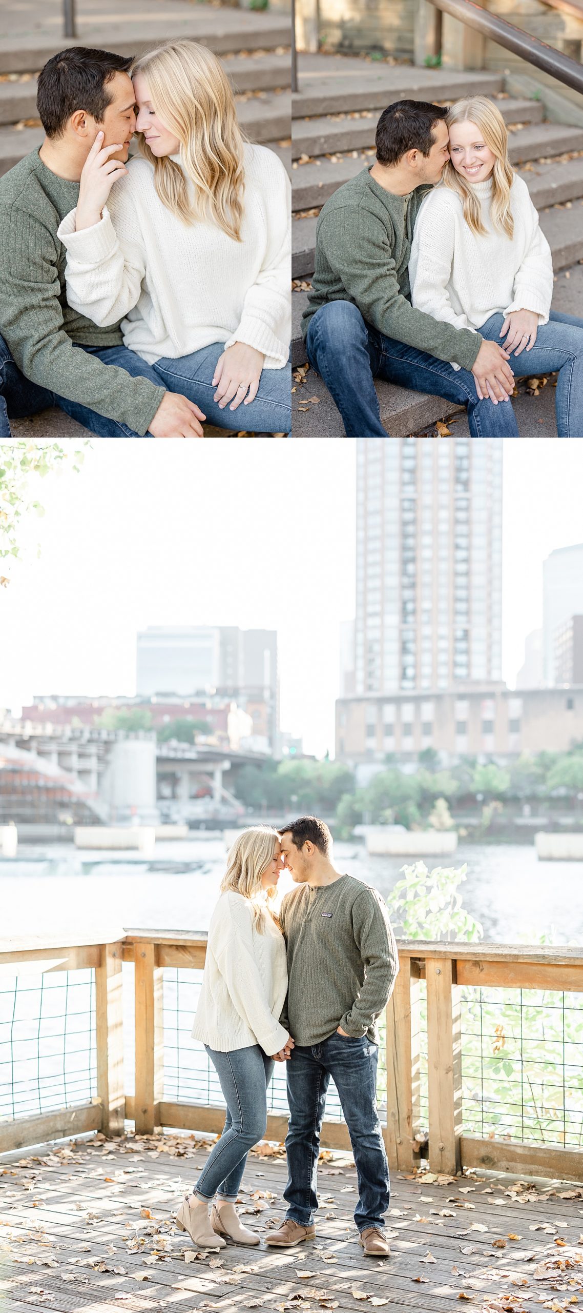 overlooking the Minneapolis skyline on the river during engagement session 