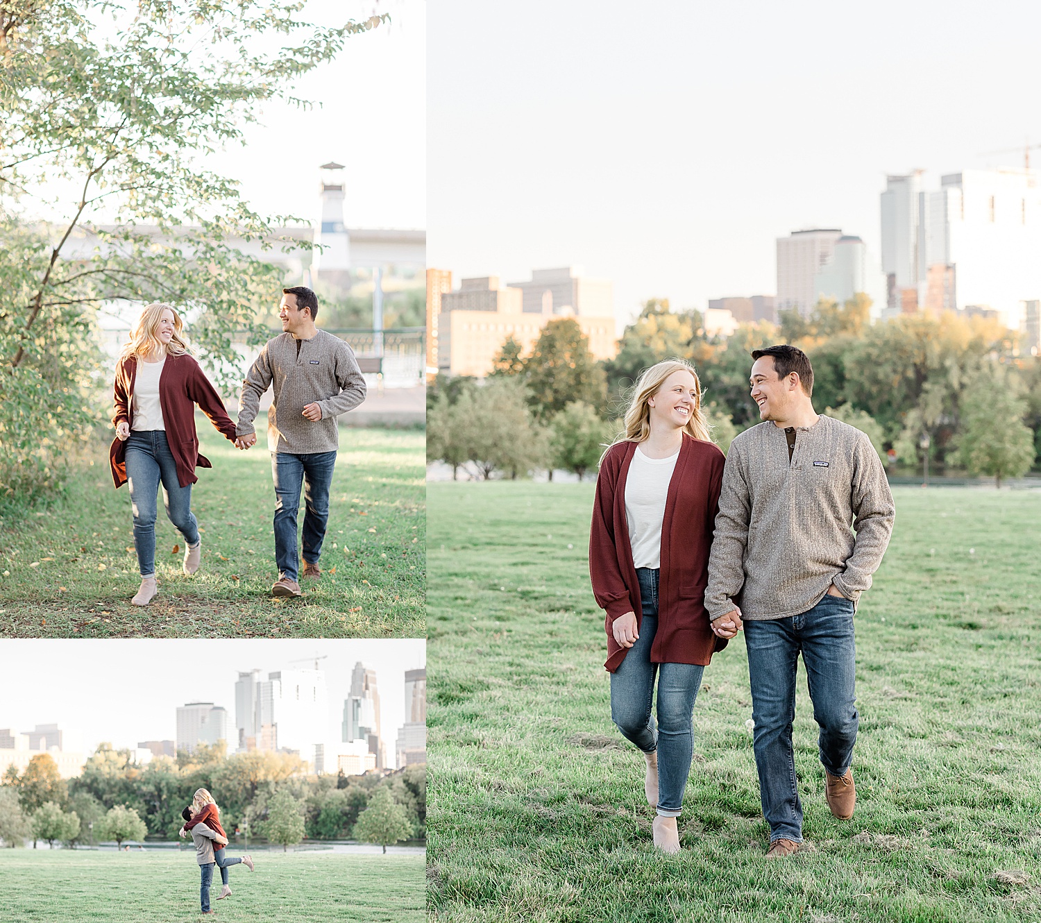 walking in the park overlooking the Minneapolis skyline during engagement session 