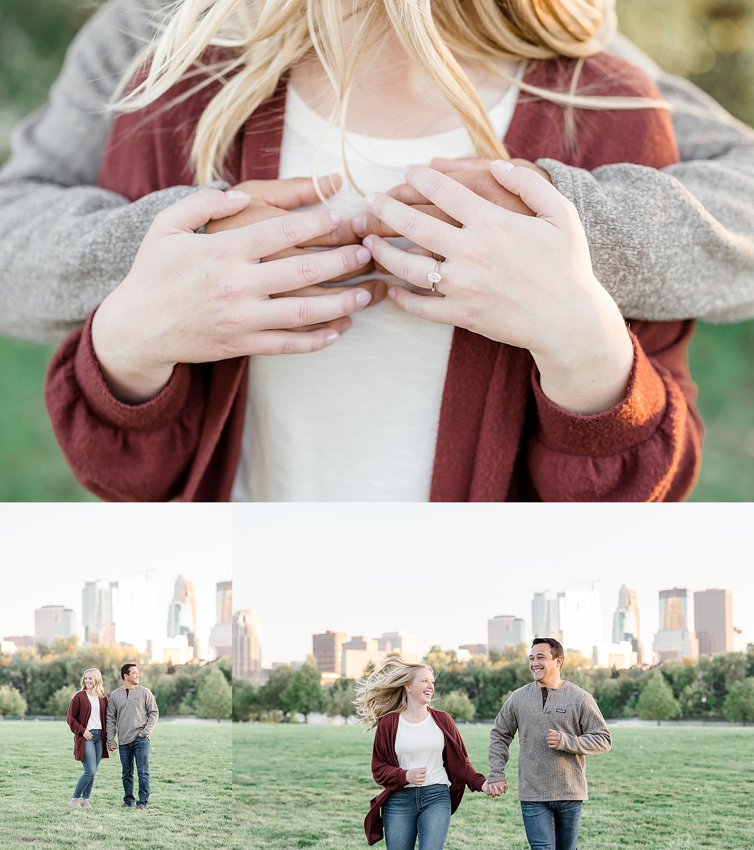 engaged couple wearing blue jeans and sweaters with a cardigan during fall session
