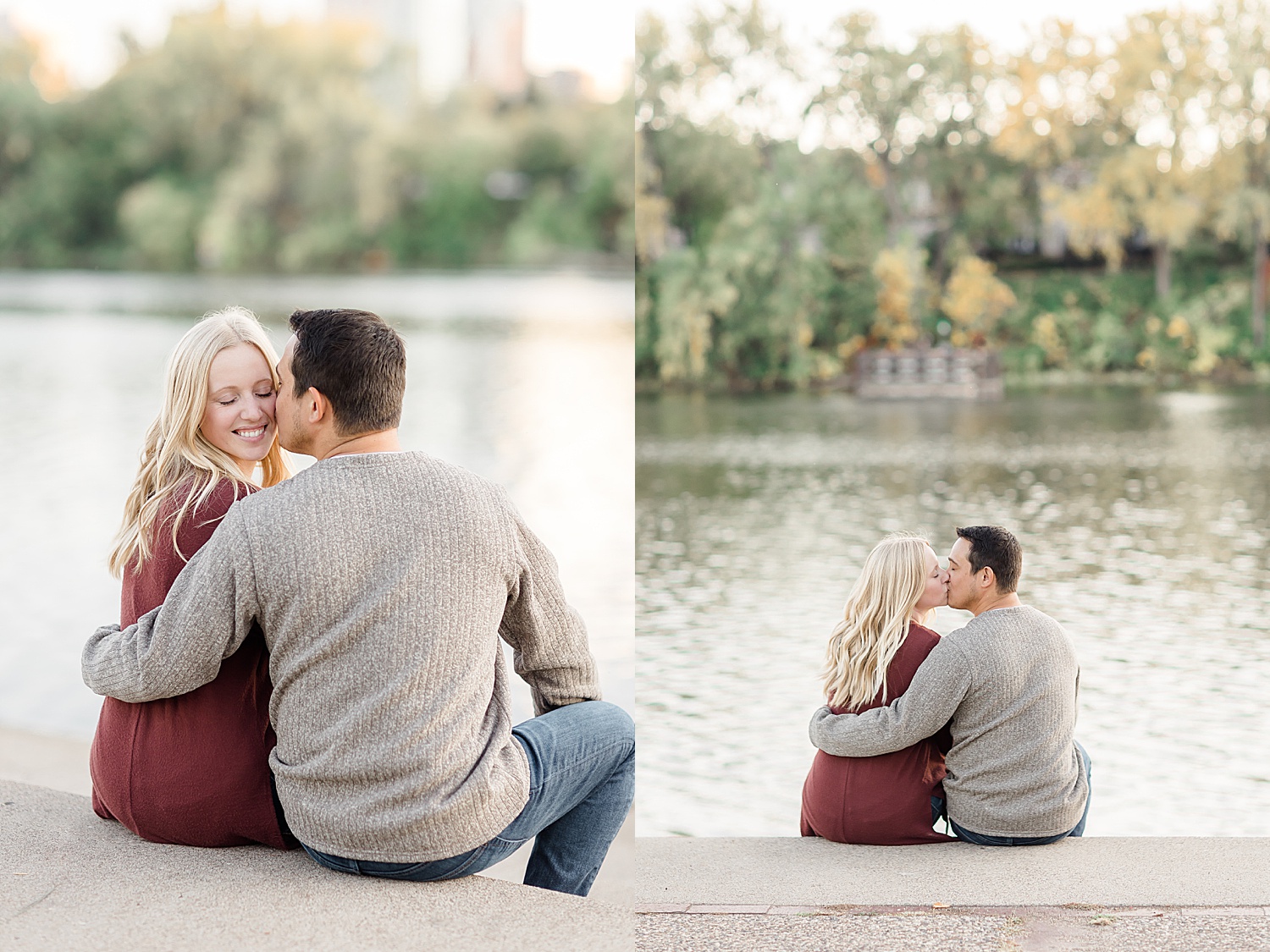 sitting by the river during engagement session cuddled up with one another 