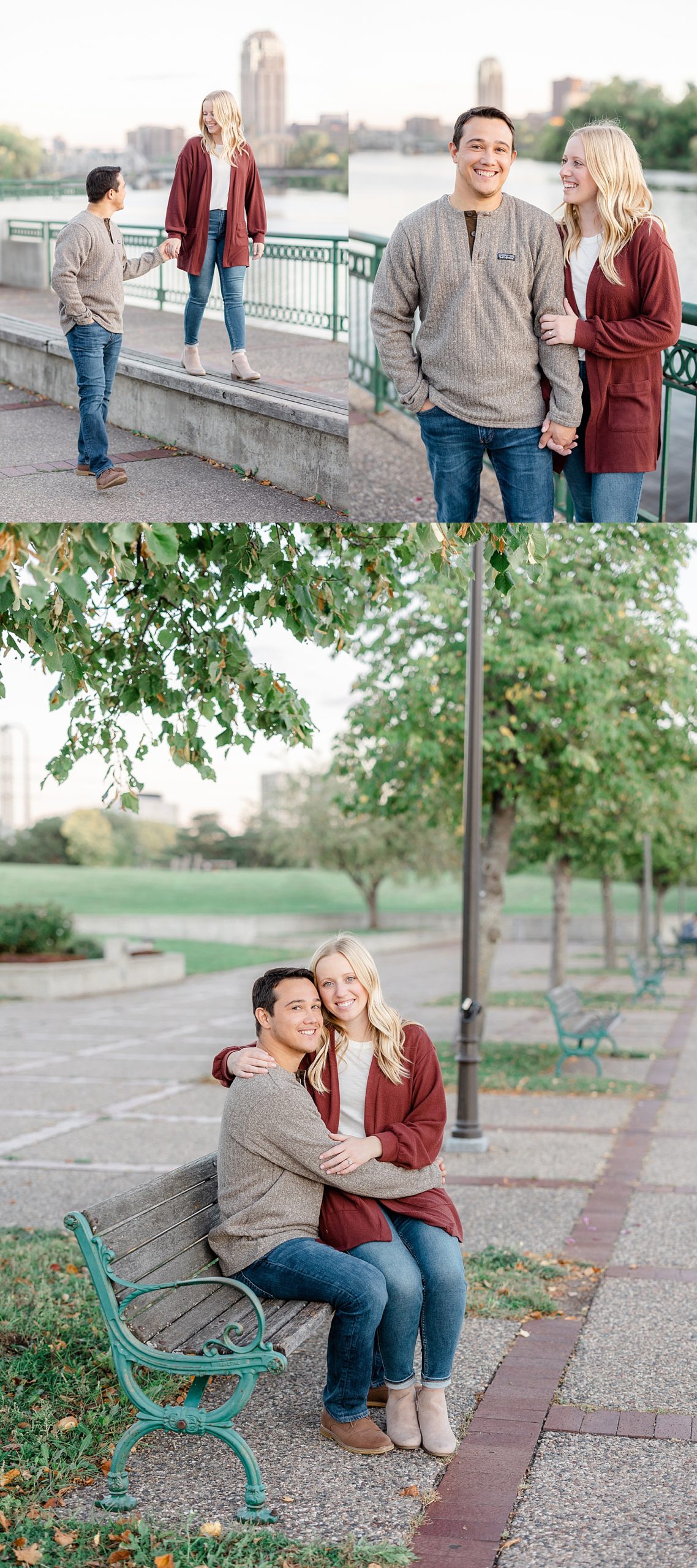 sitting on a city bench in Minnesota for a downtown Minneapolis engagement session 