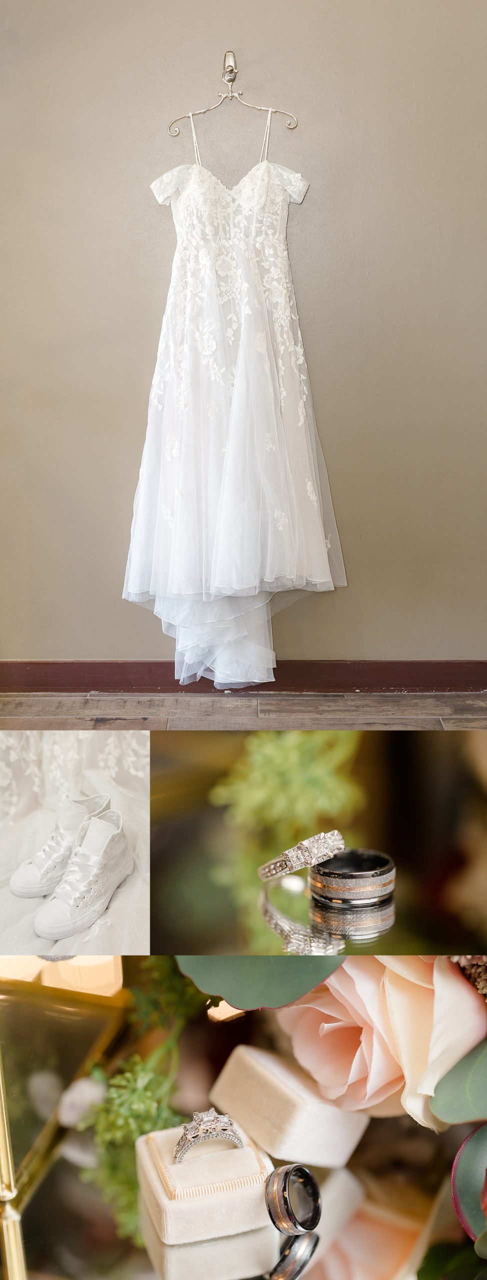 Dress hung up at wedding venue with sneakers for wedding shoes  and diamond rings 