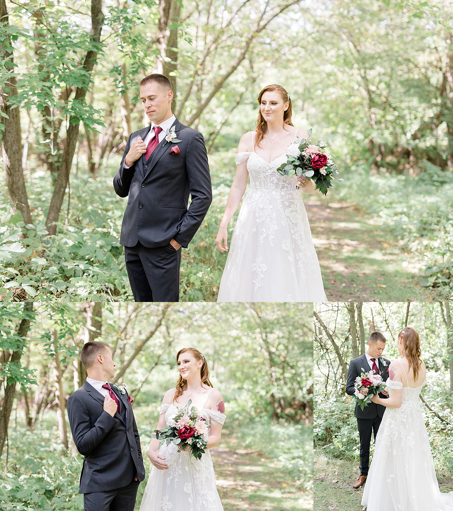 First look with bride and groom outside of buffalo river state park wedding venue 