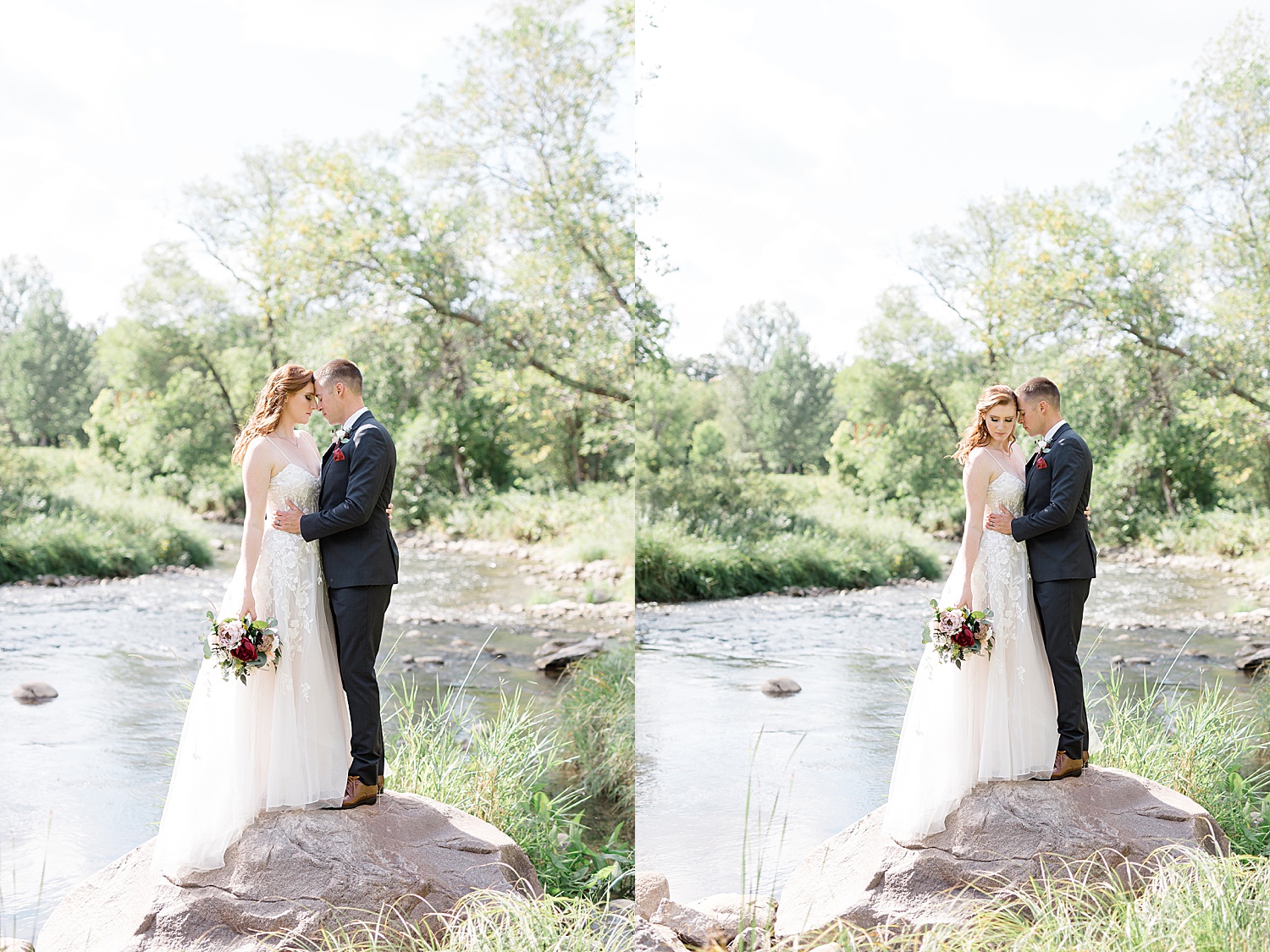 Bride and groom during portraits on the river before wedding ceremony hold florals 