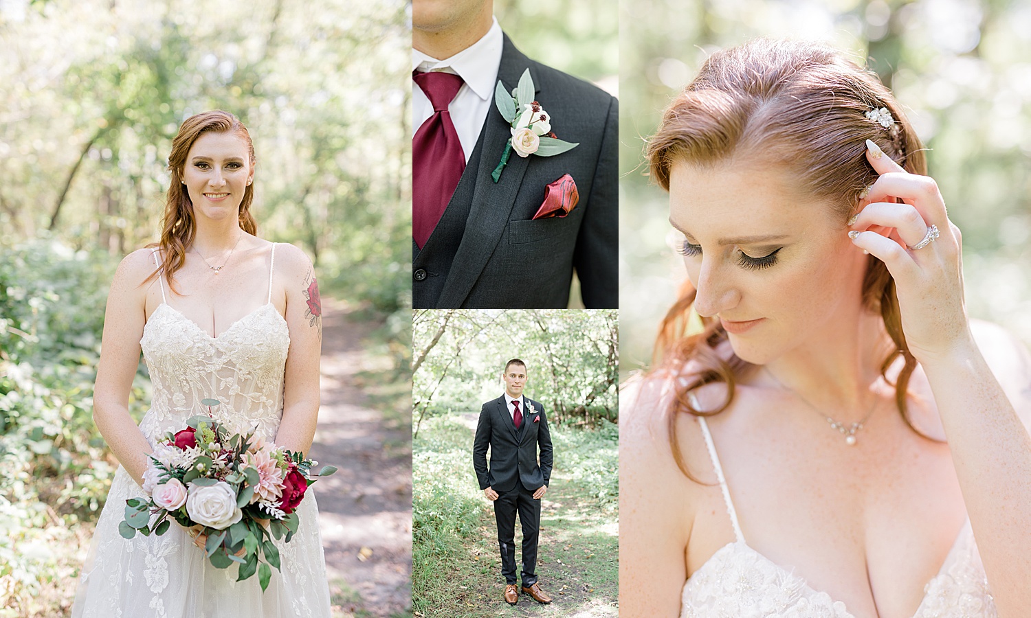 Bride wearing hair piece on wedding day and groom wearing red tie after first look 