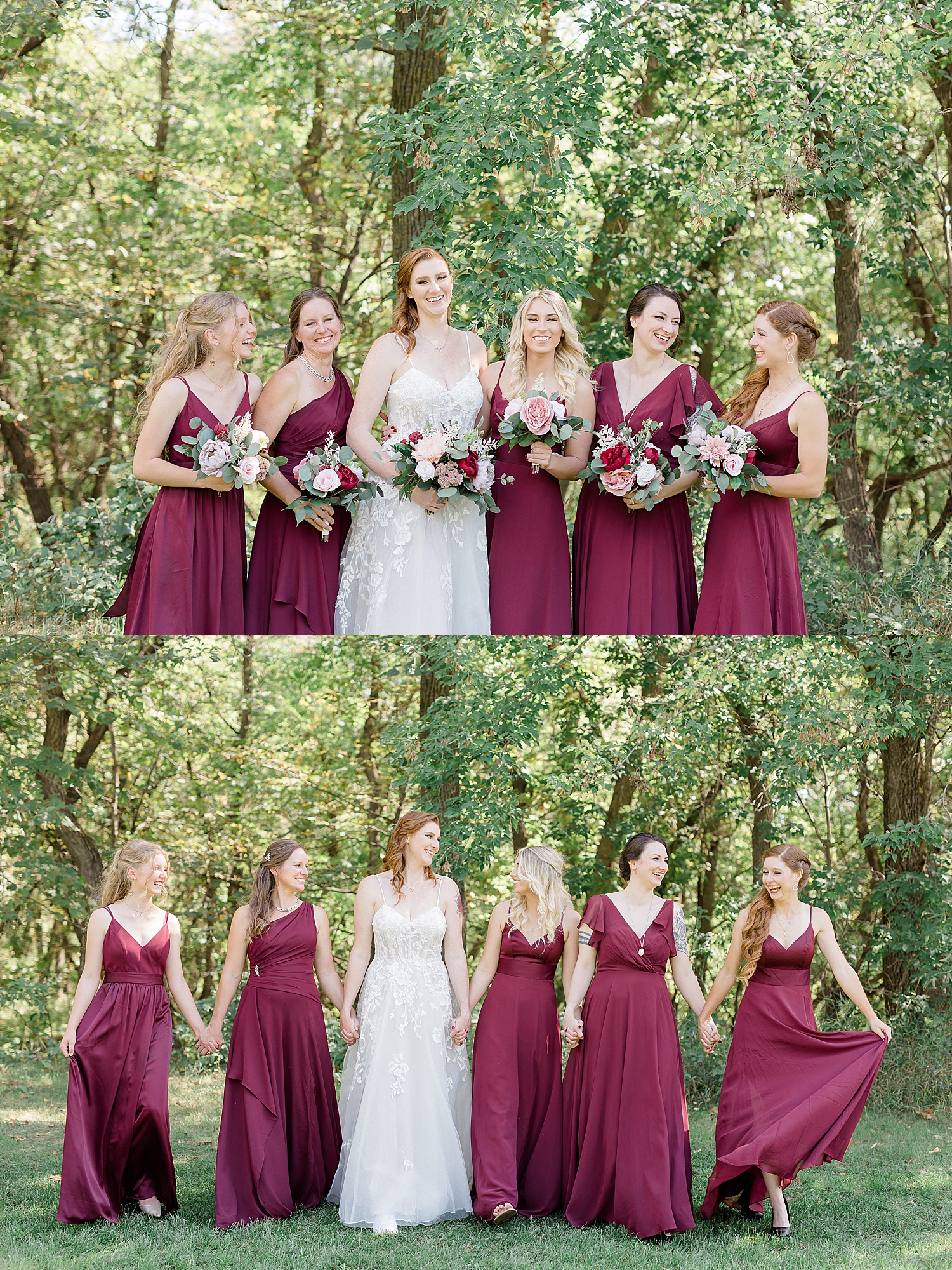 Bride and bridesmaids wearing red dresses while holding floral wedding bouquets 