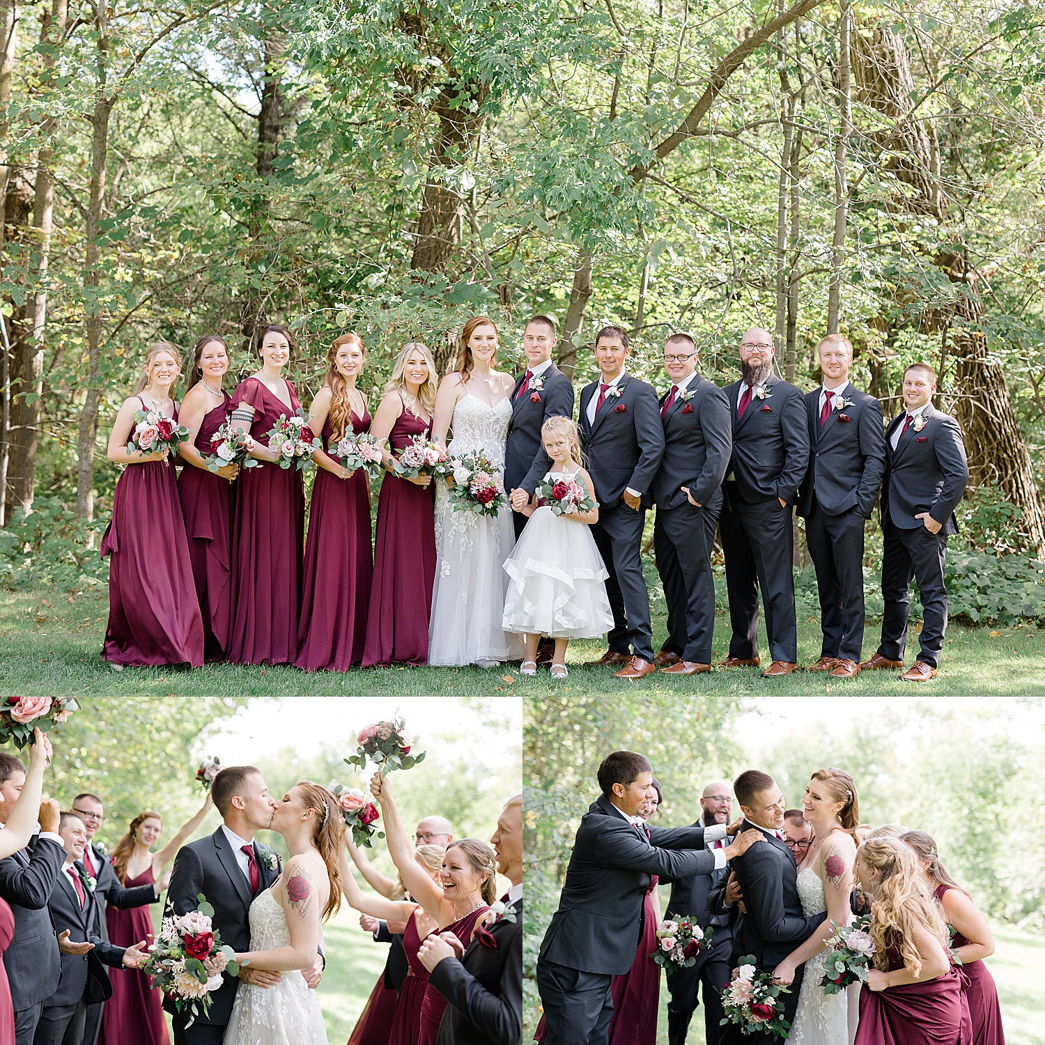 Full wedding party photos with bridesmaids and groomsmen cheering for newly married bride and groom 