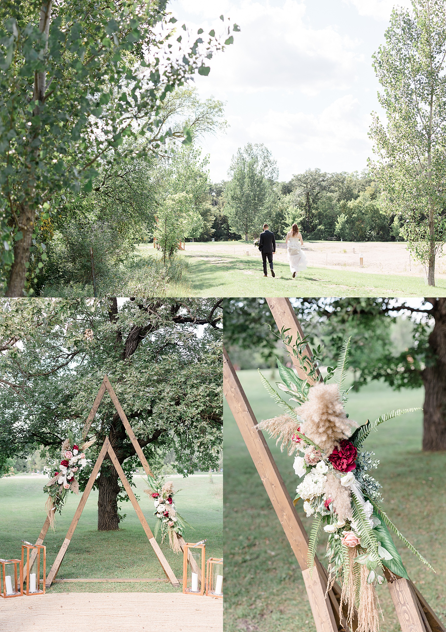 Wedding ceremony with triangle arch and florals up by the alter at buffalo river state park 