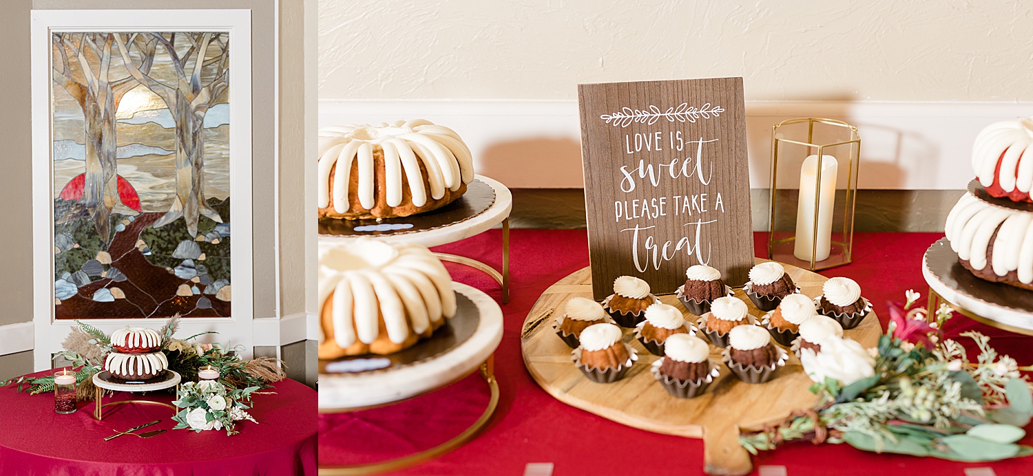 Dessert table with treats and red accents that match the wedding party 