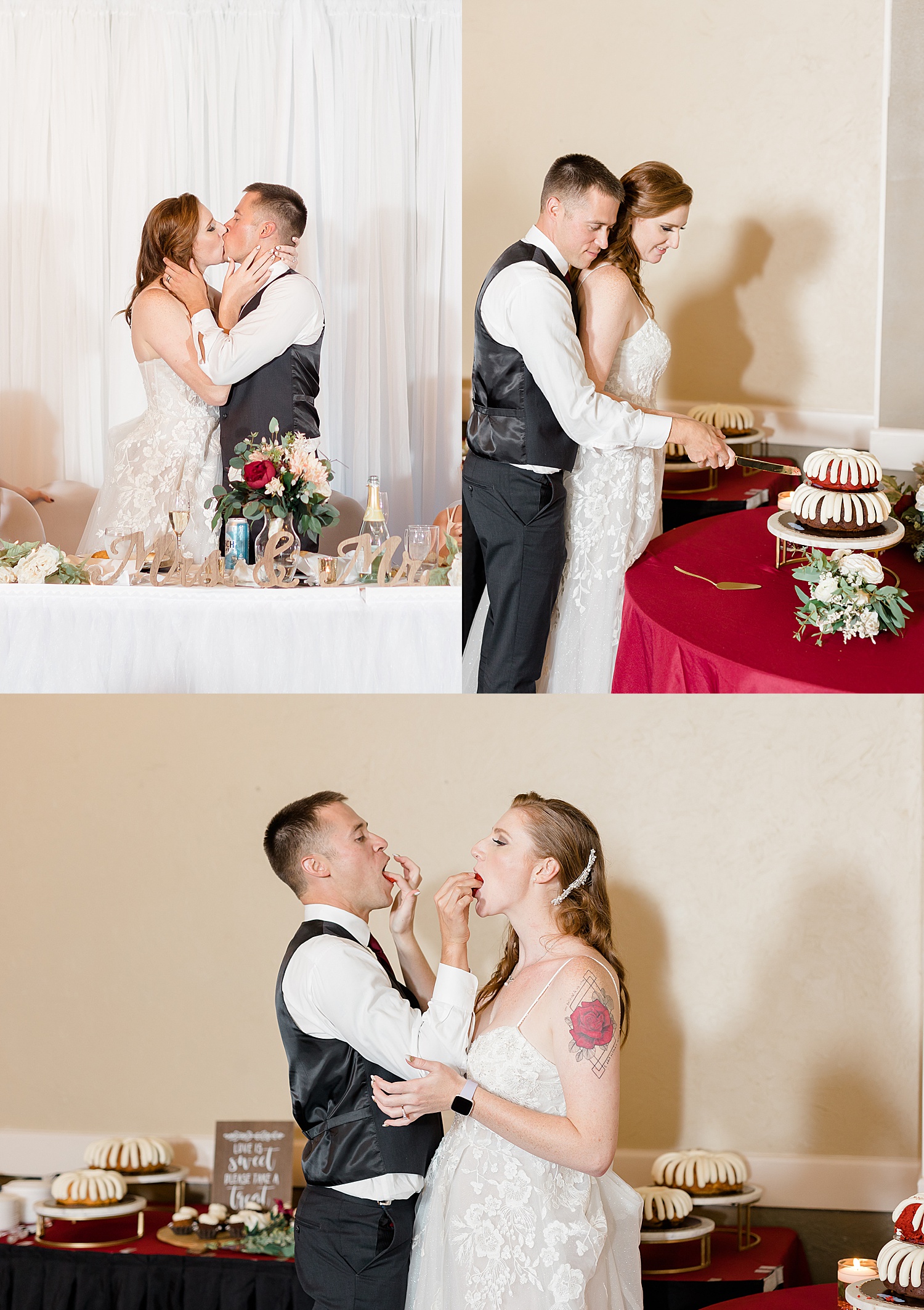 Bride and groom cut wedding cake while at wedding reception at buffalo river state park 