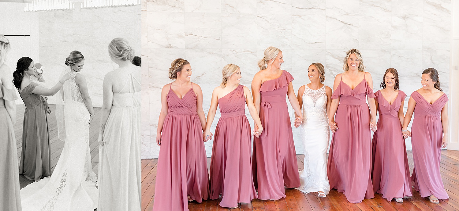 bride and bridesmaids wearing blush pink dresses at getting ready location 