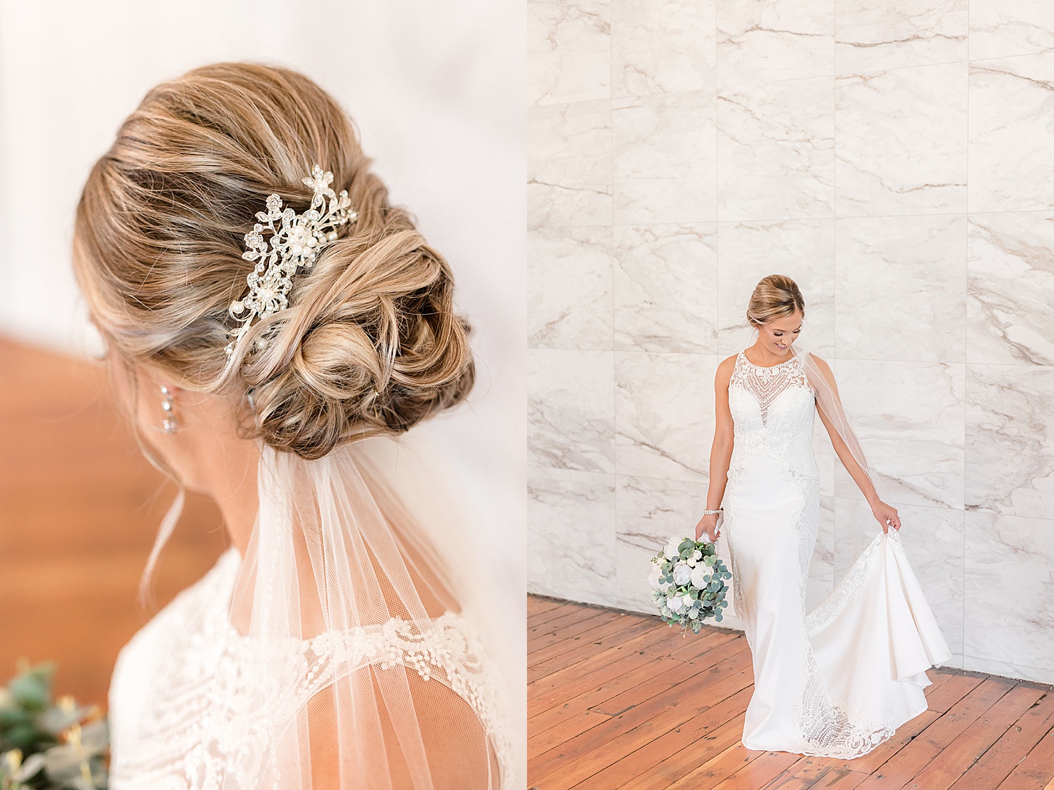 portraits of bride holding train and showing off updo hair with veil 