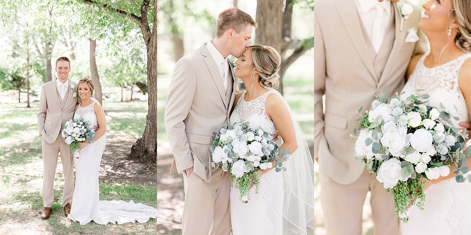 bride and groom portraits before Grand Forks Wedding ceremony holding floral wedding bouquet 