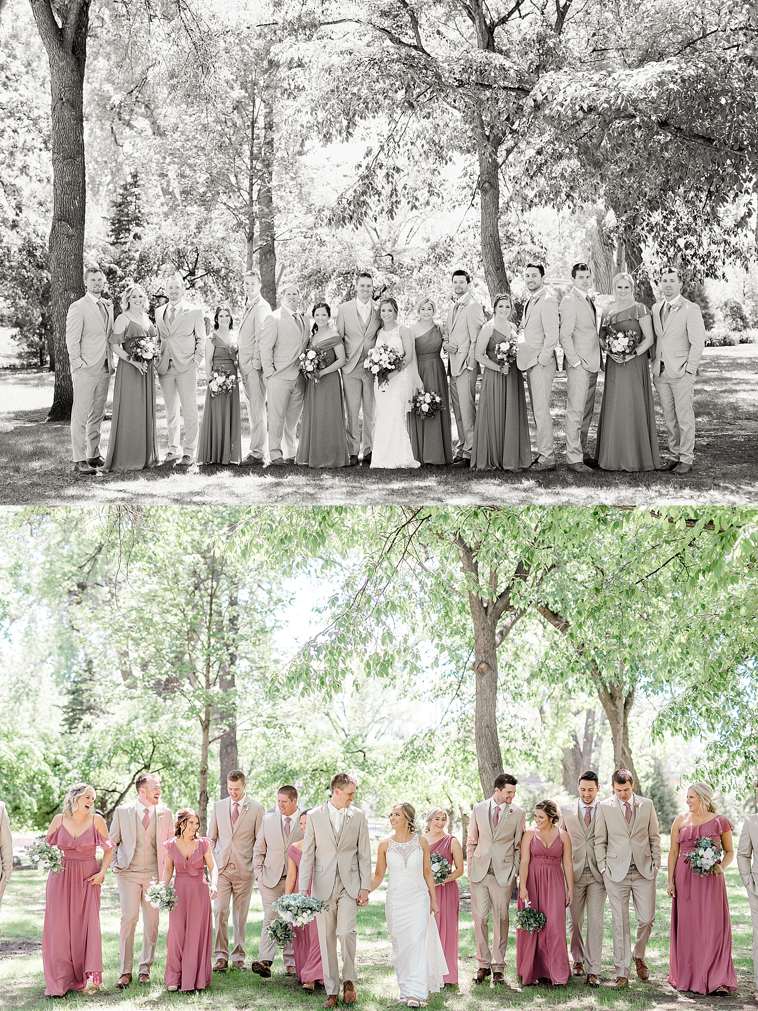 group wedding party photos holding wedding bouquets and wearing blush pink ties 