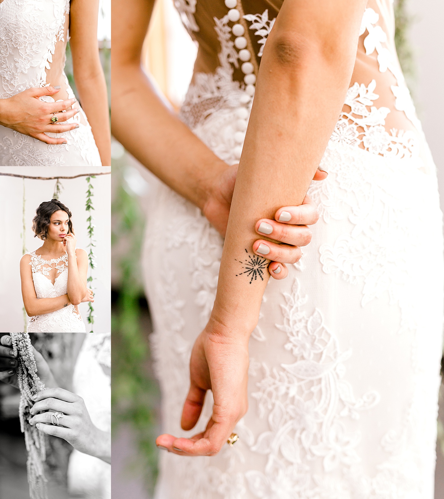 showing off the jeweled rings and lace wedding dresses on short haired model 