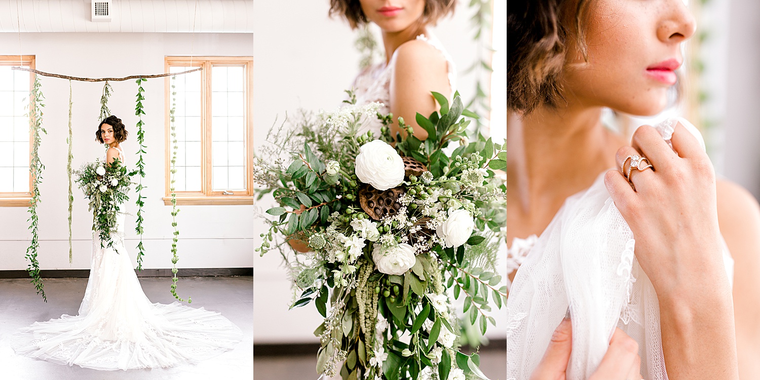 Dainty Obsession's Cover Shoot holding wedding bouquet with engagement ring and greenery decor 