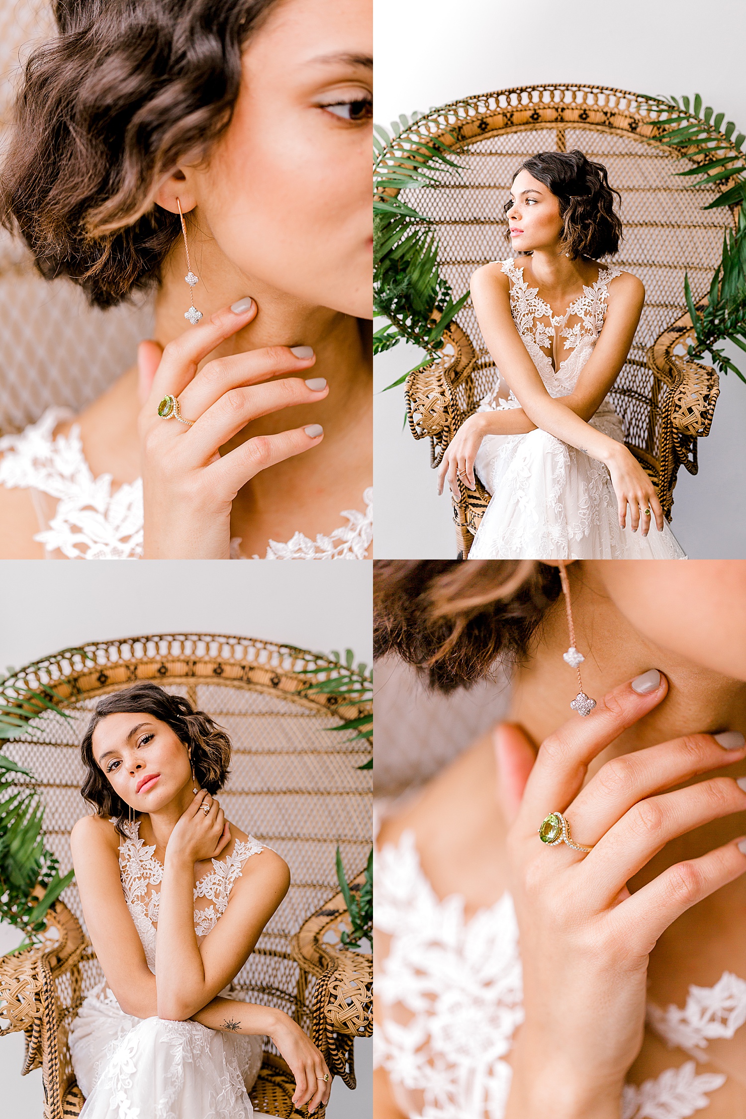 Dainty Obsession's Cover Shoot with bridal scenes in wicker chair showing off the green jewels 