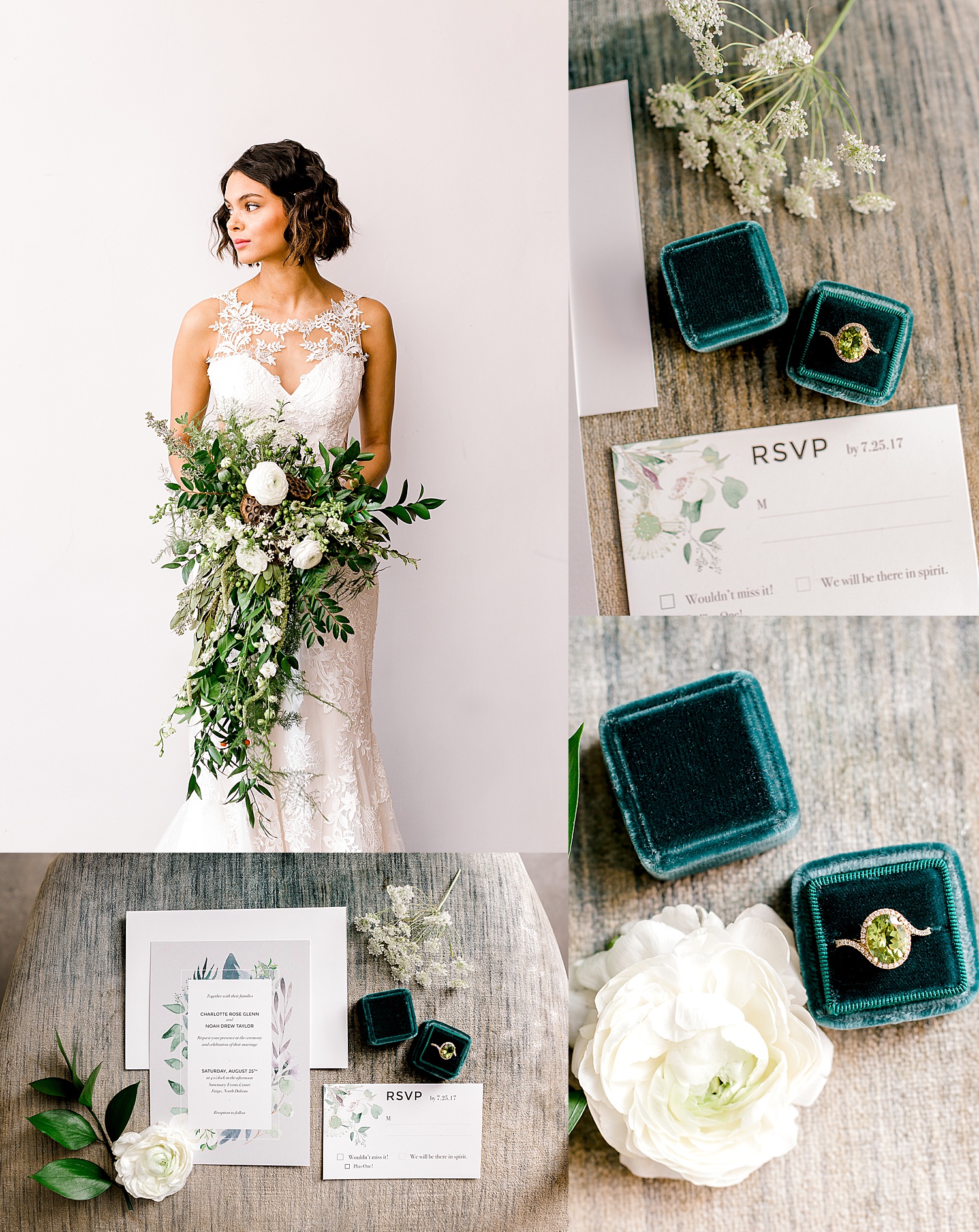 green ring boxes holding diamond bands and flatly stationary by Midwest wedding photographer