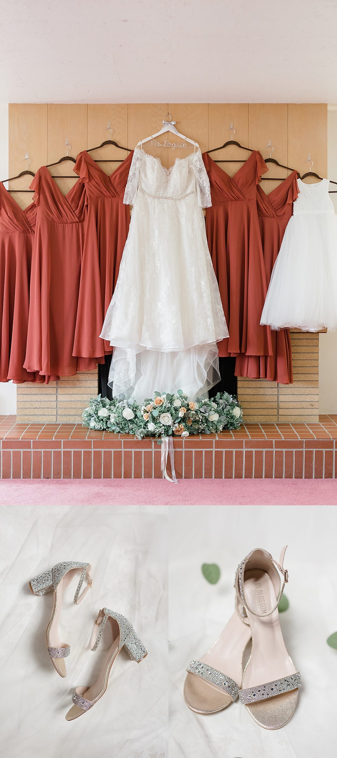Hilton Garden Inn wedding day with dresses hung up on fireplace 