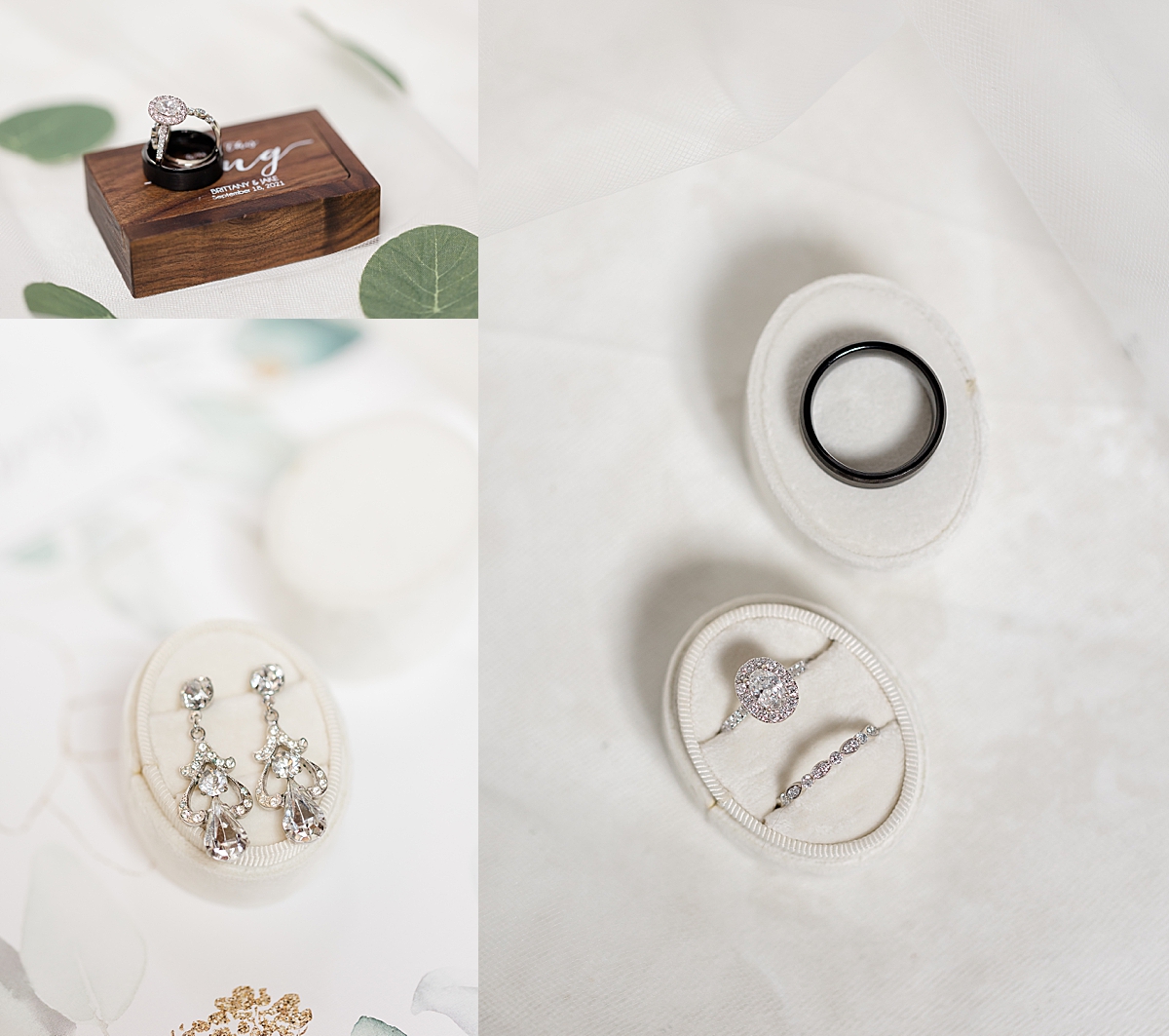 rings in ring boxes on detail flat lay photo with wedding bands and diamond engagement ring 