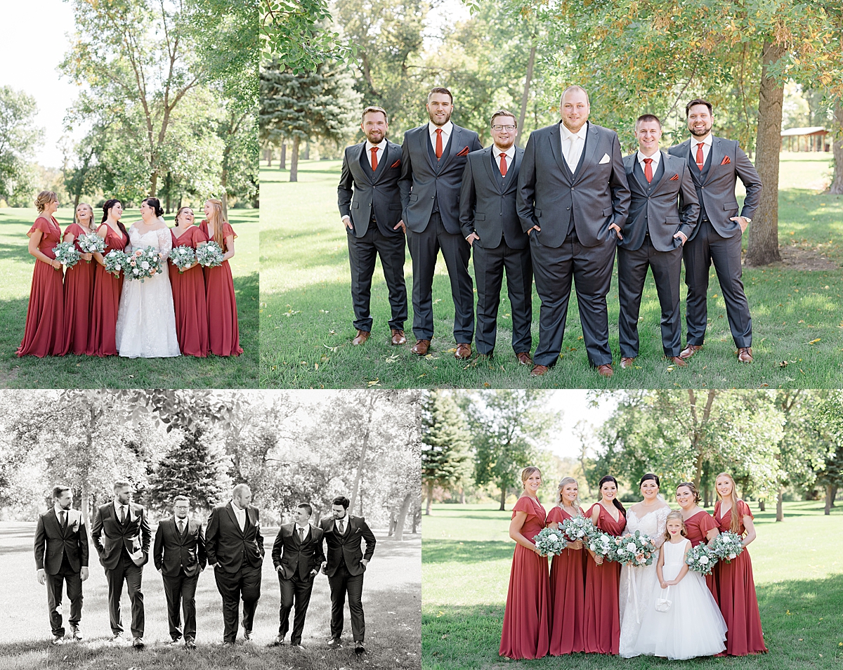 bride and groom with wedding party in long bridesmaids dresses and grey suits for groomsmen 