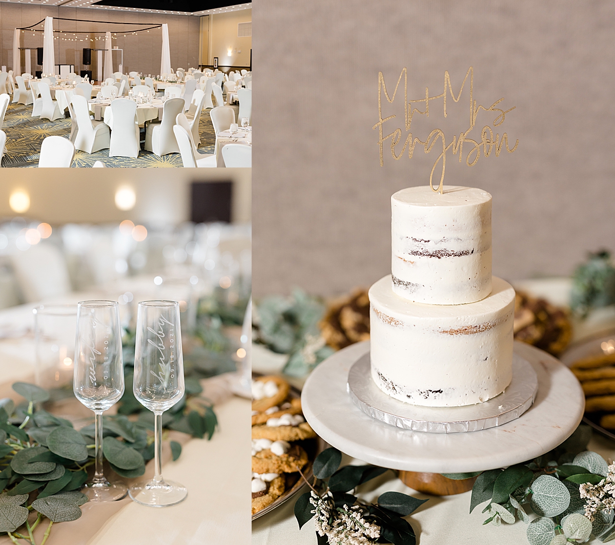 wedding reception space at Hilton garden inn with champagne flutes and wedding cake 
