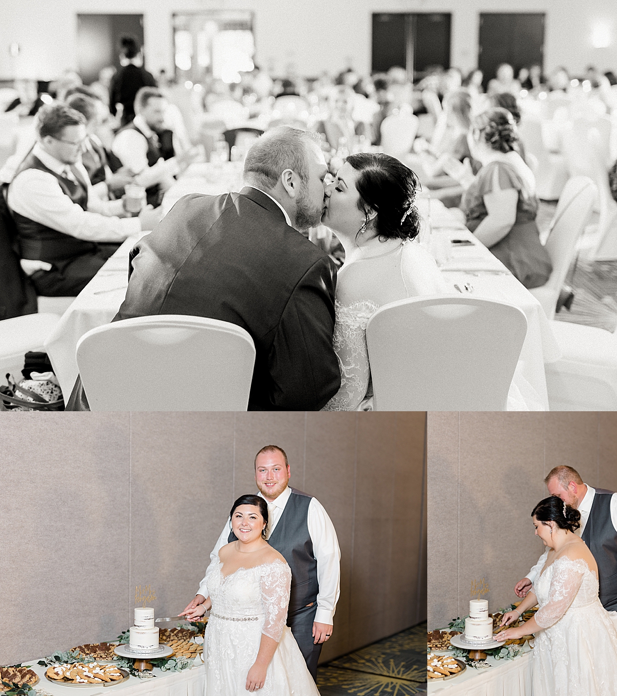 bride and groom cutting wedding cake at Hilton Garden Inn reception hall 