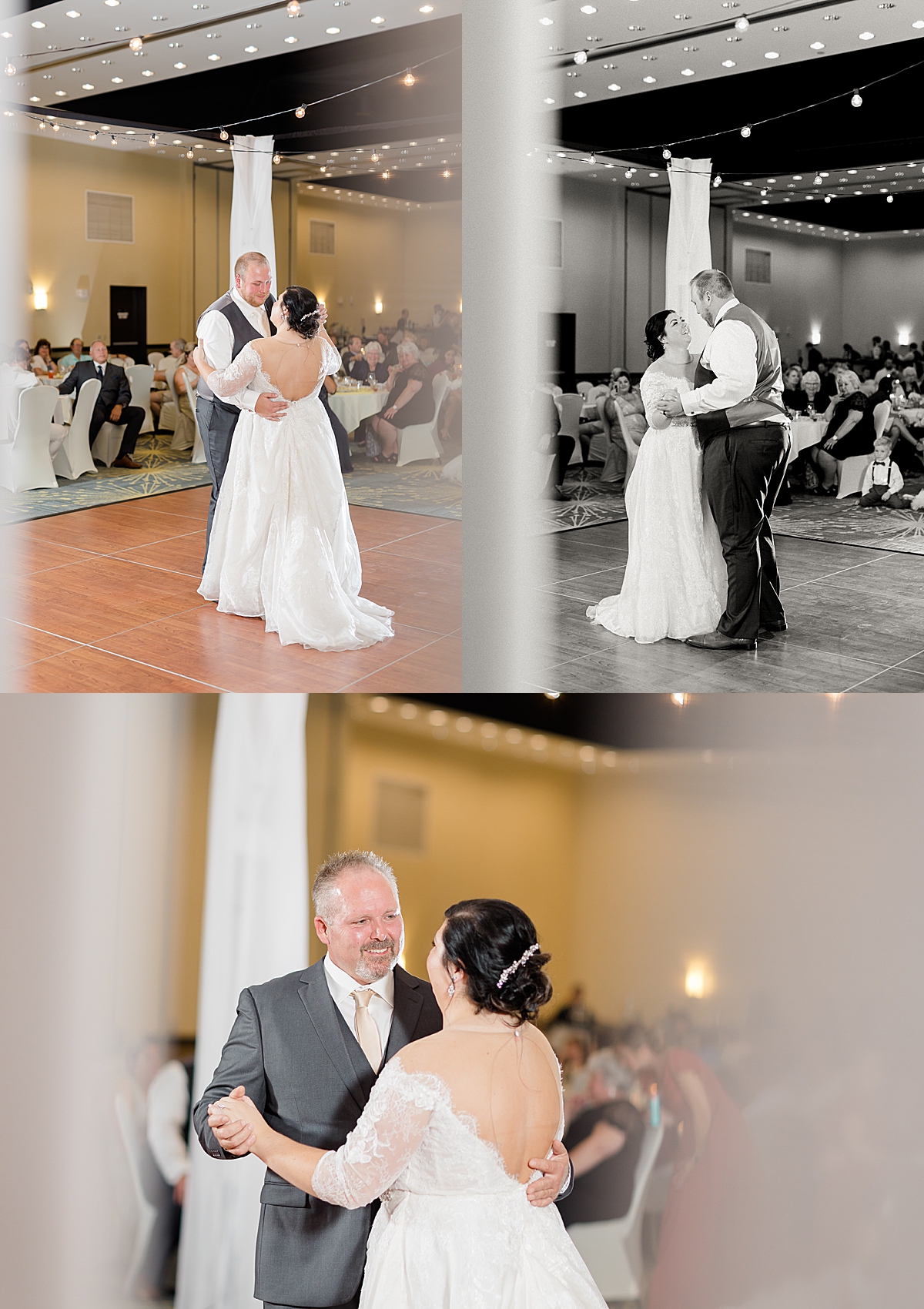 first dance with bride and groom at reception hall and father daughter dance 