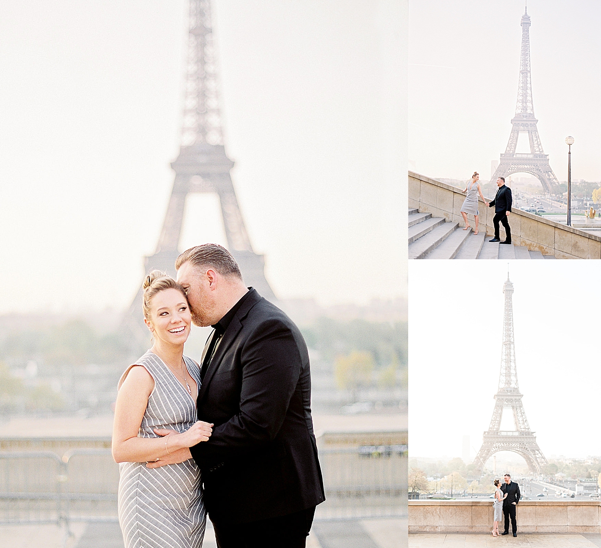 couple wearing striped dress and black suit standing in front of Eiffel Tower 

