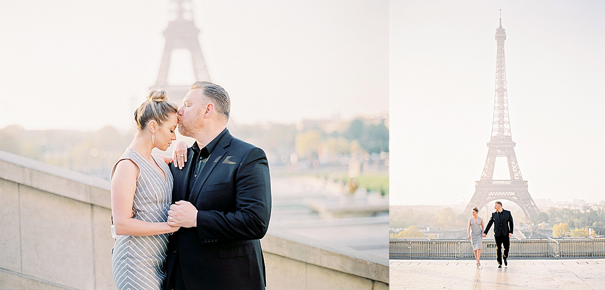 travel honeymoon photographer in Paris with newly married couple in front of Eiffel Tower 