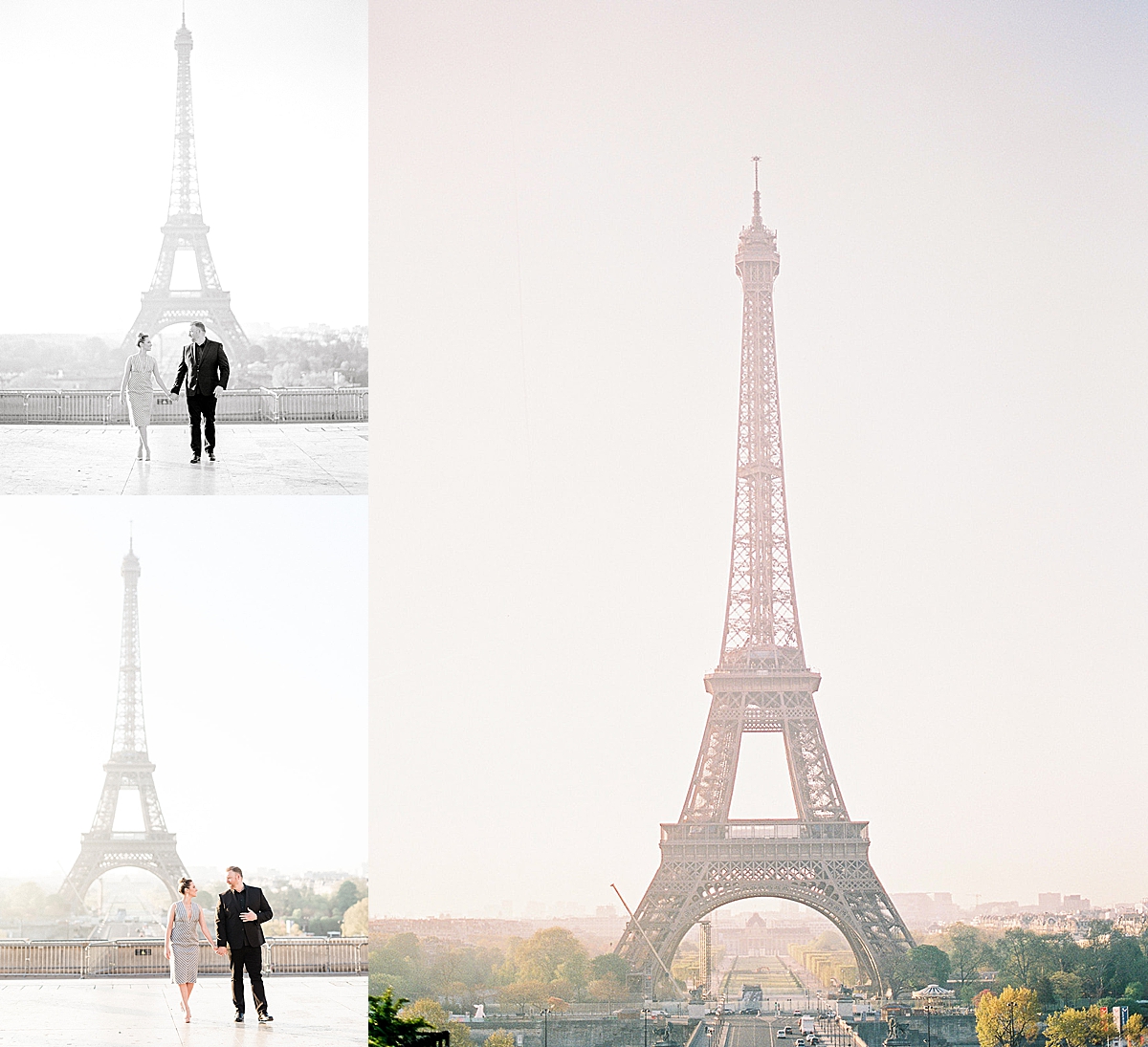 Paris honeymoon session with Eiffel Tower skyline at sunrise 