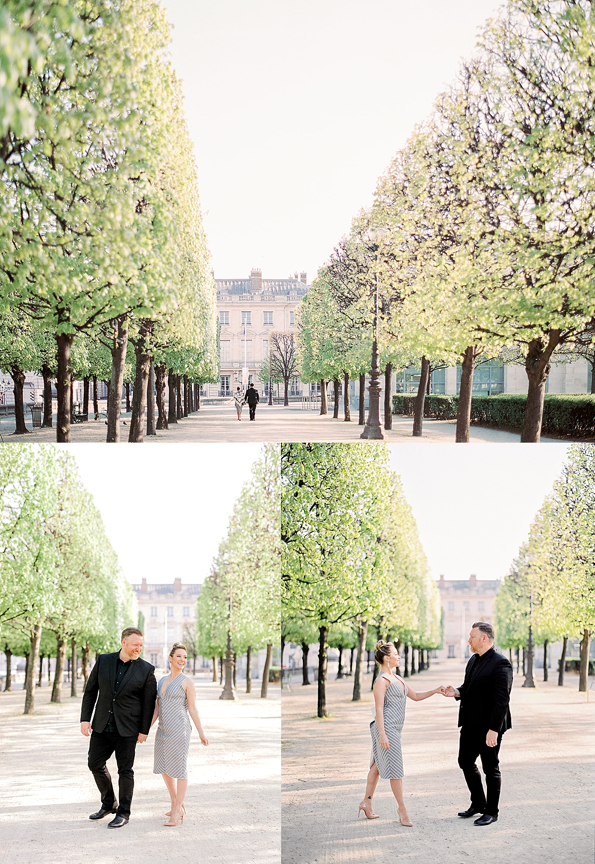 path at the Louvre with full bloom trees with couple wearing heels and dress shoes 