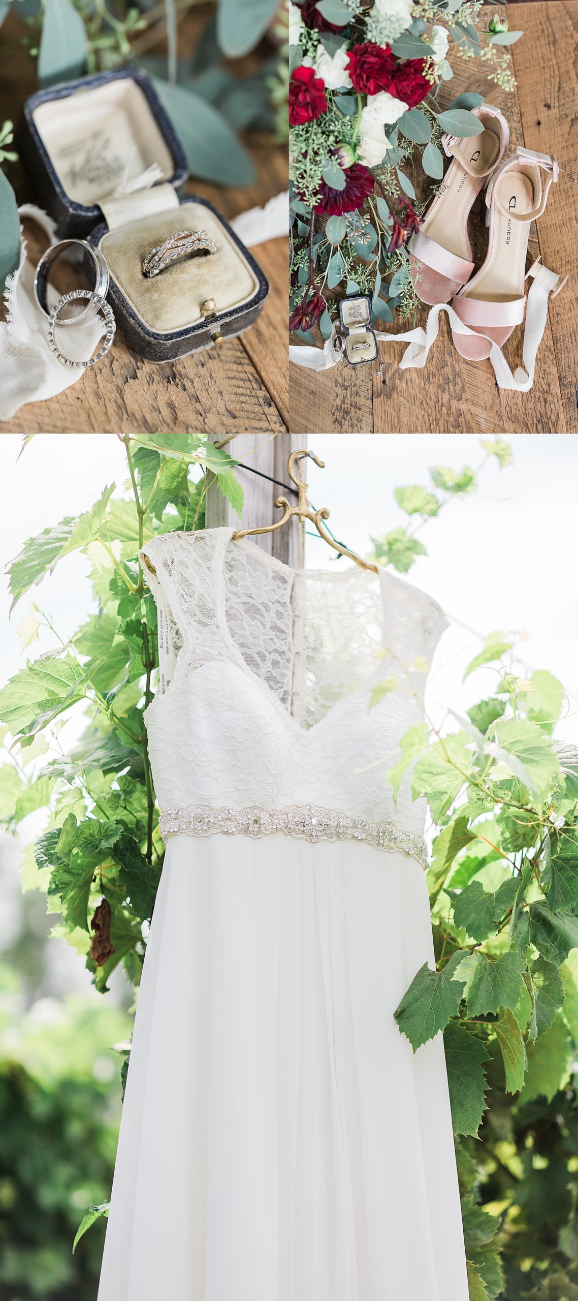 flatlay details of rings and shoes at Minnesota vineyard wedding