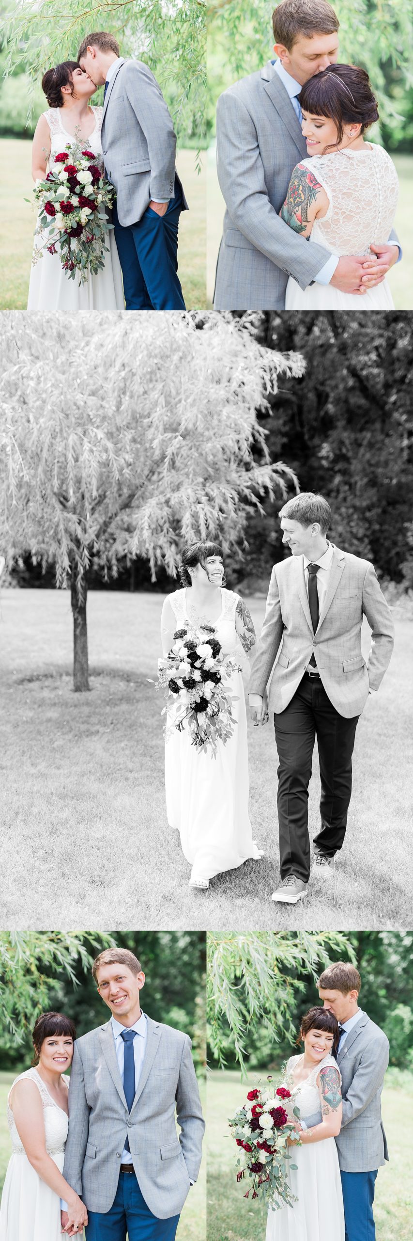 bride holding floral wedding bouquet with groom walking along vineyard 