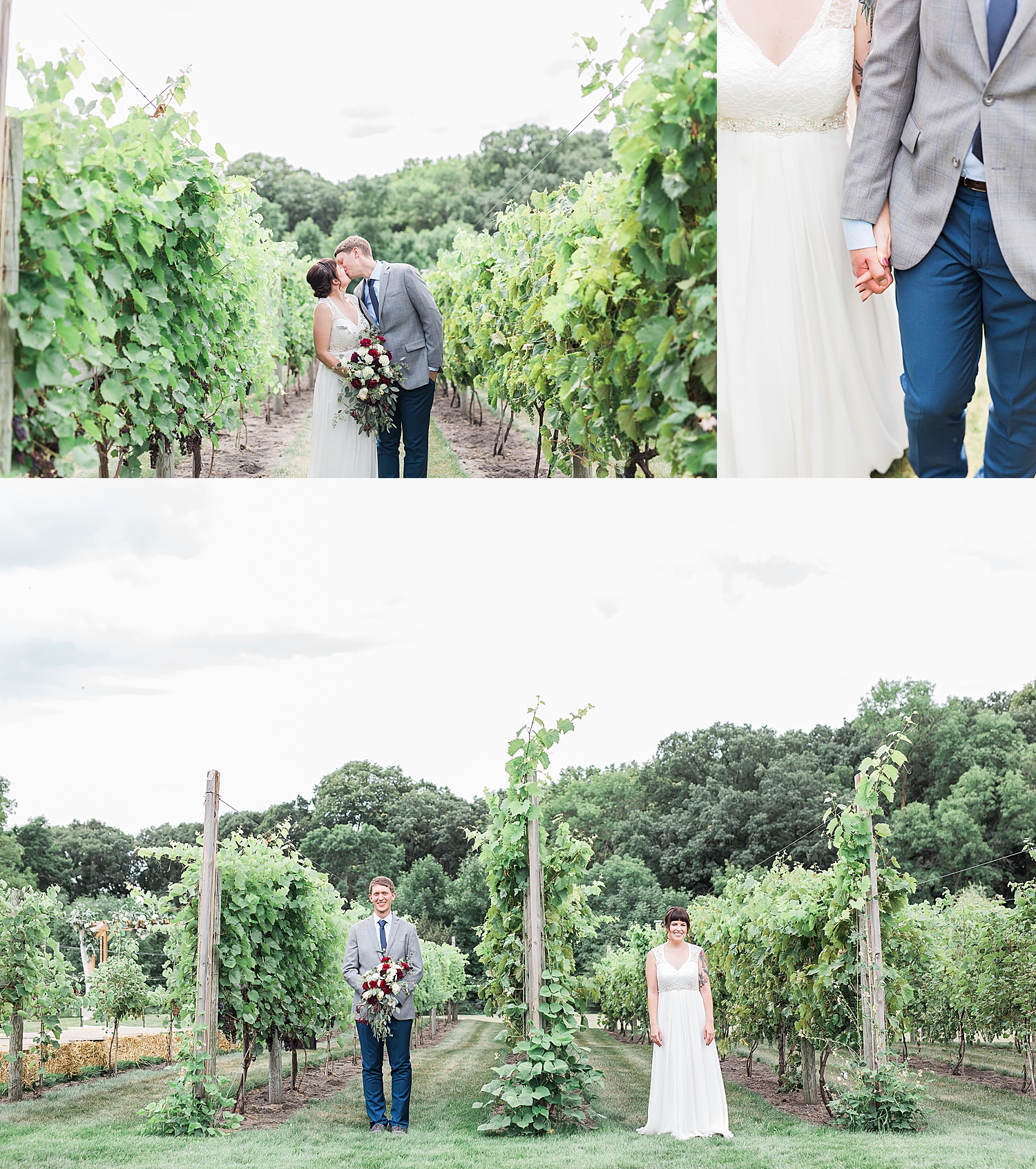walking through rows of wine grapes with newly married couple in Minnesota 