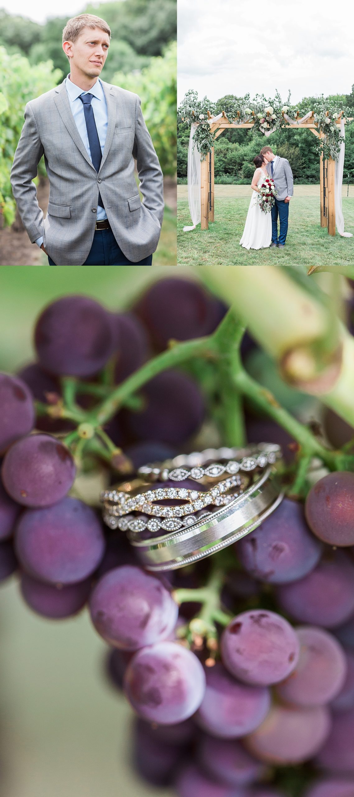 close up of diamond wedding bands sitting in grapes while bride and groom kiss under alter 