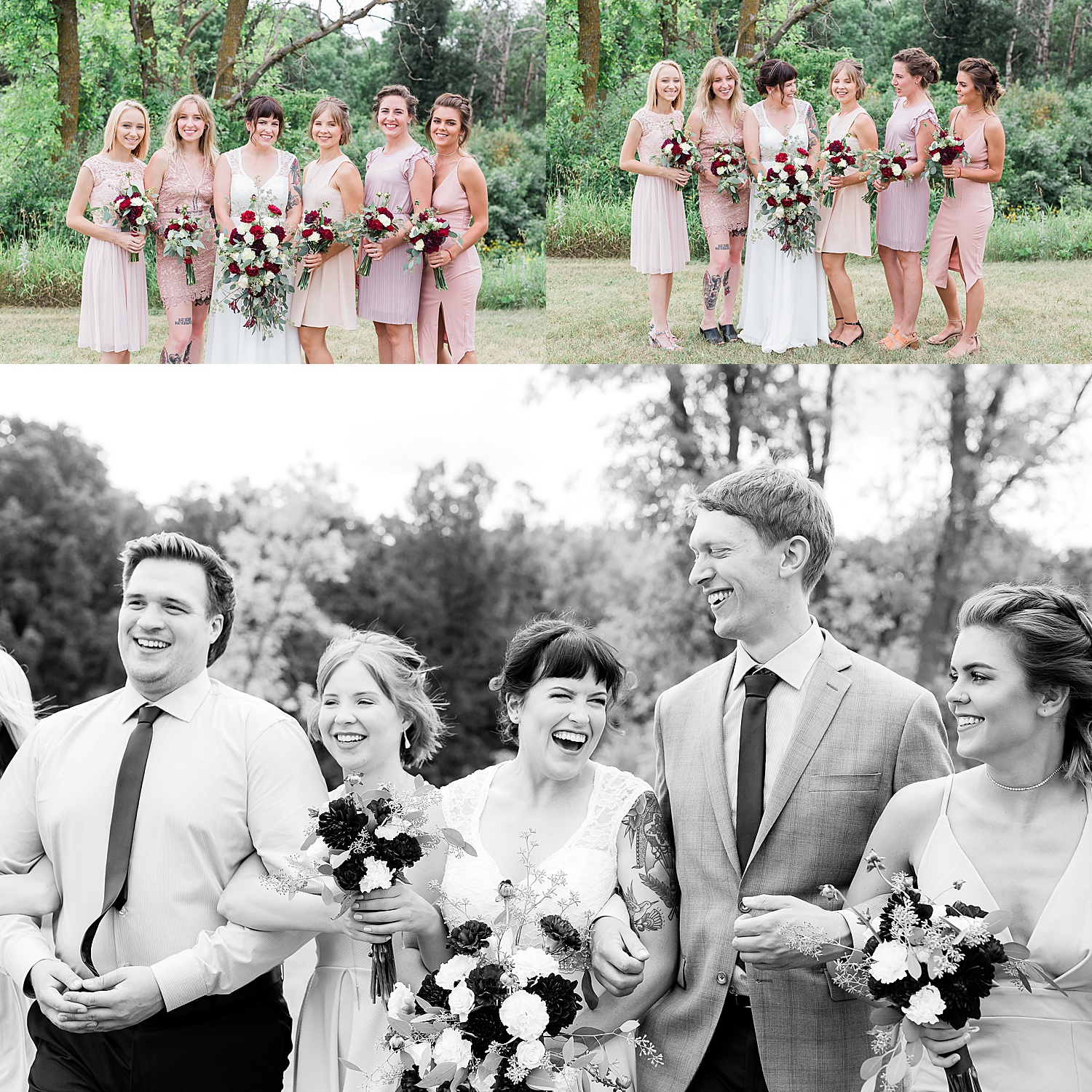 wedding party walks with newly married couple while girls wear blush pink dresses 